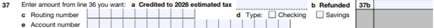 Form 1120S, Line 37 containing direct deposit information including Routing number and Account number fields.