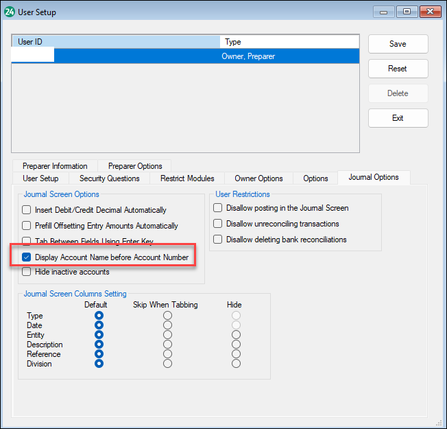 Drake Accounting - Display Account Name in Journal