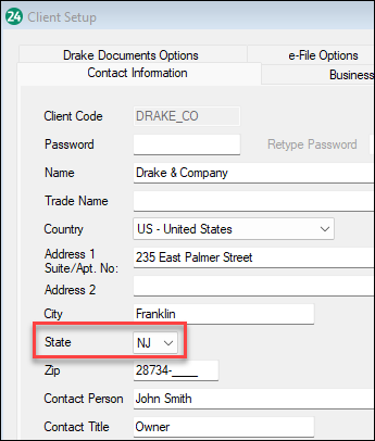 Setup State Location Drake Accounting - NJ - FLI - Family Leave Insurance