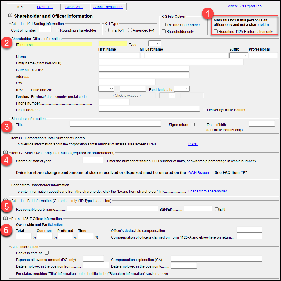 Drake Tax - 1120-S: Entering Officer Information - Form 1125-E