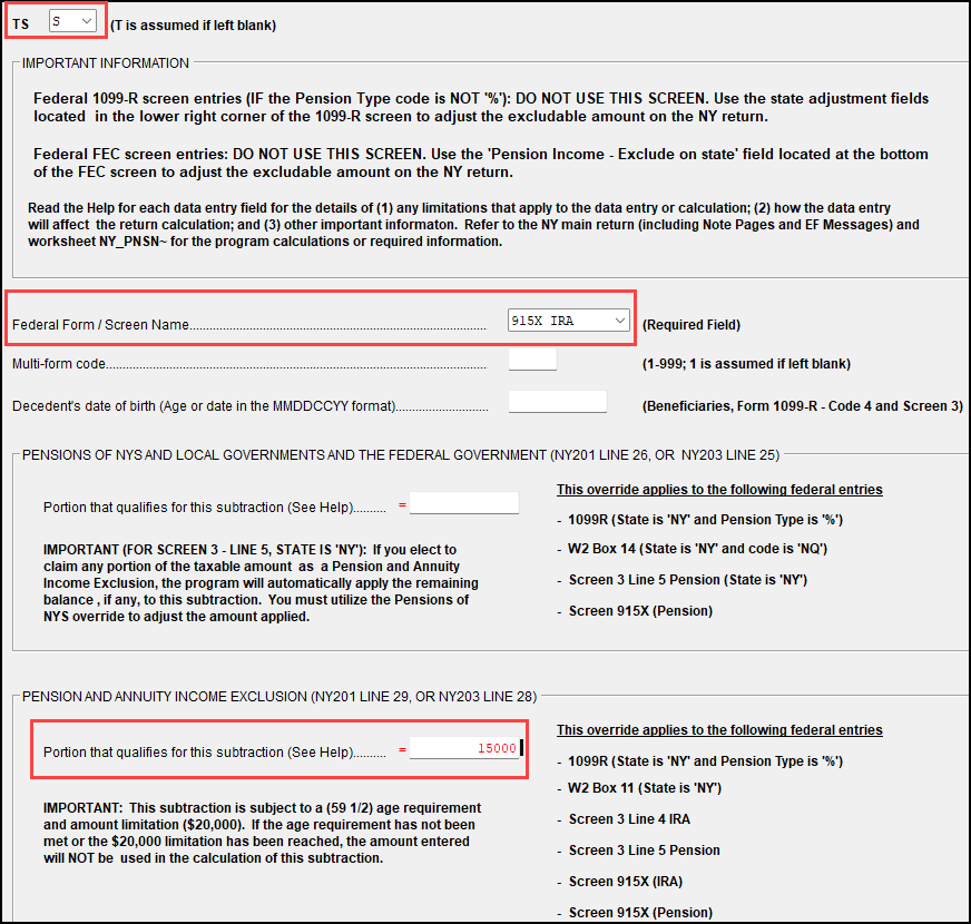 Drake Tax - NY - Federal Form 8915-F and NY Pension Exclusion