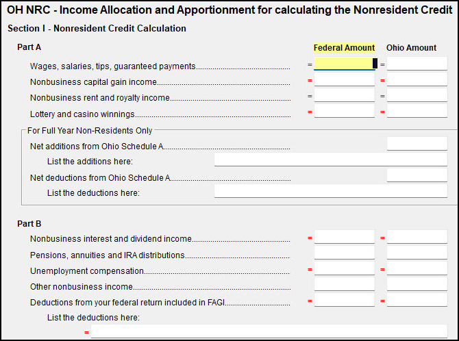 Drake Tax - OH - Income Apportionment for Nonresident Credit