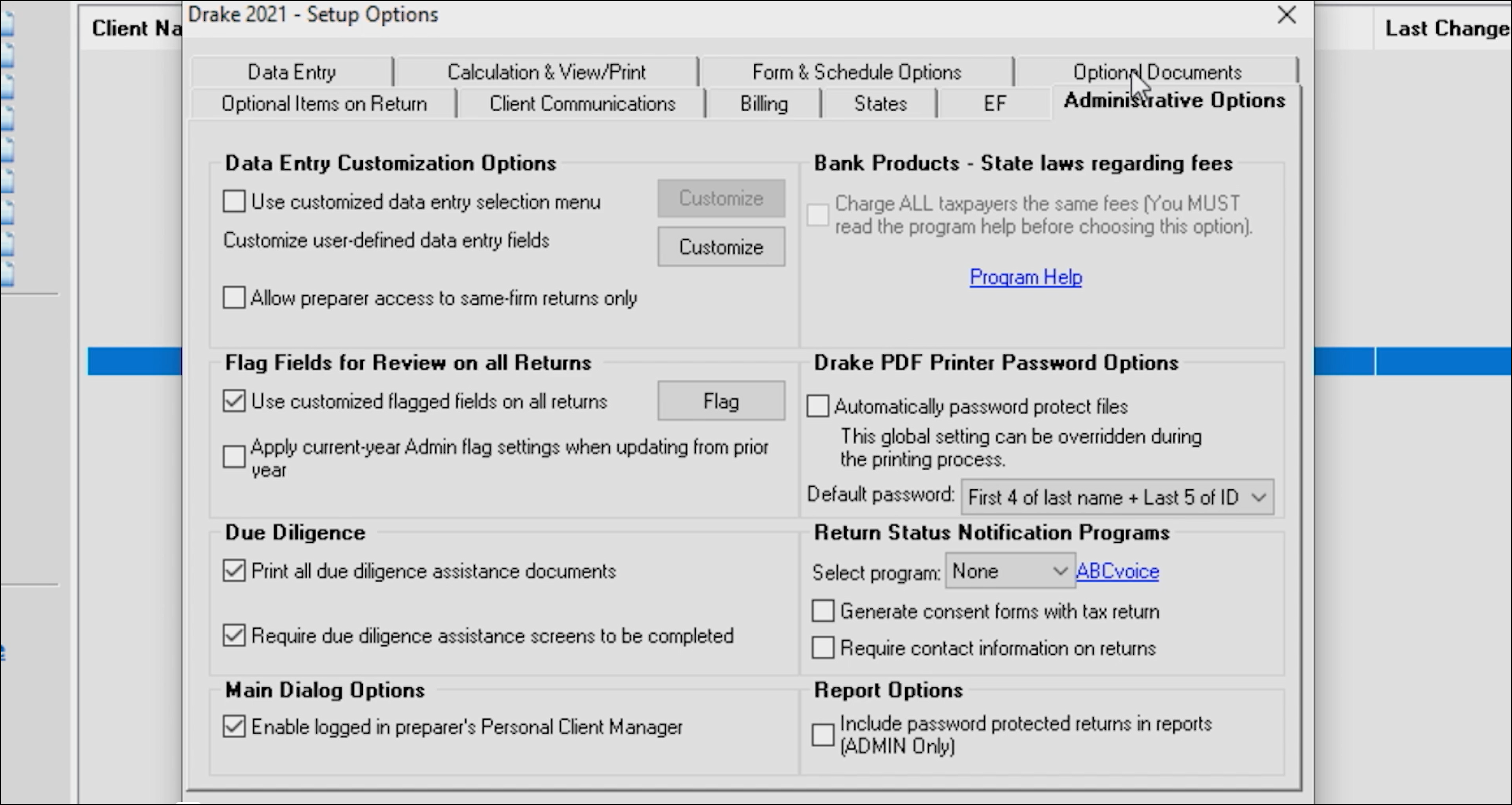 administrative options setup