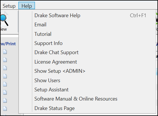 Image of the Help drop list on the Home window Image of the Help drop list on the Home window