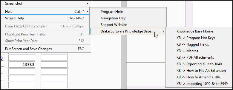 Image of the "Help" sub-menu Image of the "Help" sub-menu