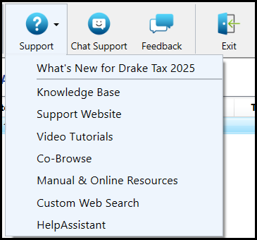 Image of the "Support" icon and drop list on the Home window