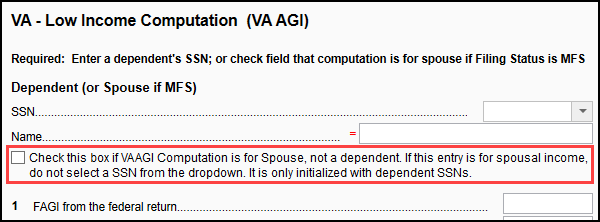 Image of "VA AGI Computation is for Spouse" check box on VA screen LOW