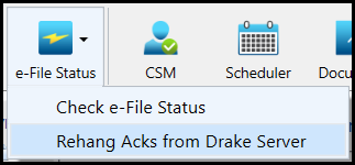 Image showing the e-File Status icon with the Repost Acks from Drake Server option. Image showing the e-File Status icon with the Repost Acks from Drake Server option.