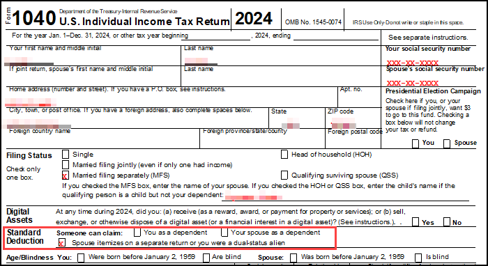 Image of "Spouse itemizes on a separate return" check box on Form 1040 Image of "Spouse itemizes on a separate return" check box on Form 1040