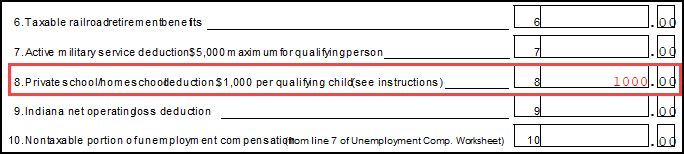 Image of private school deduction on IN Schedule 2