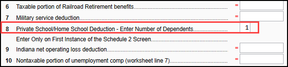 Image of private school deduction line on IN screen SCH2