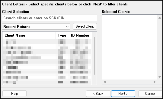 Image of Client Letters Client Selection window Image of Client Letters Client Selection window