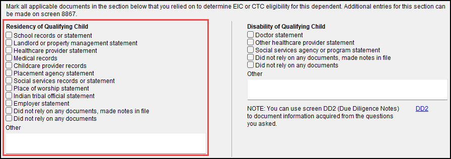 Image of "Residency of Qualifying child" on screen 2