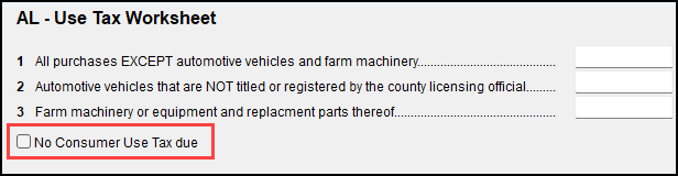 Image of the "No Consumer Use Tax due" check box on AL screen USE.