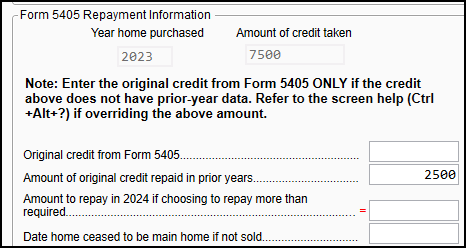 Image of grayed out information in the "Form 5405 Repayment Information" section on screen HOME