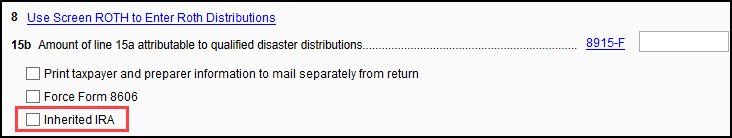 Image of "Inherited IRA" check box on screen 8606