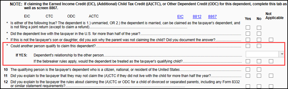 Image of "Could another person qualify to claim this child?" on screen 2 > Due diligence tab