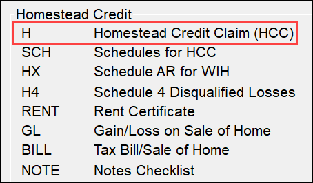 Image of Homestead Credit section in WI data entry