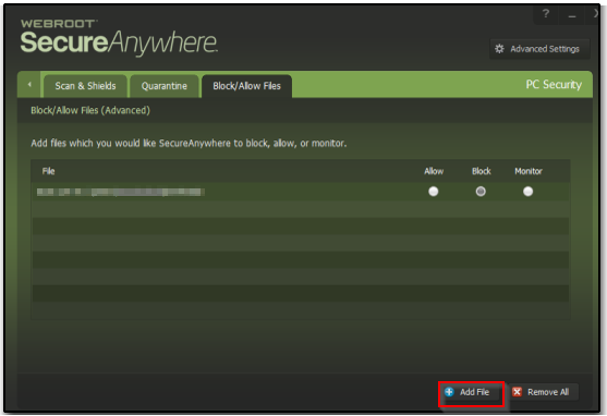 Webroot Add File button