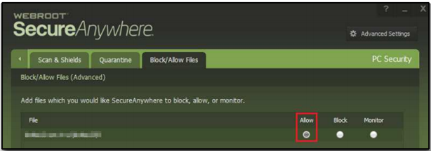 Webroot Allow Button