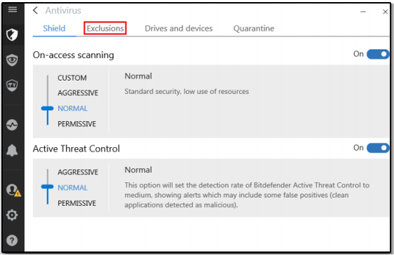 BitDefender Exclusions tab