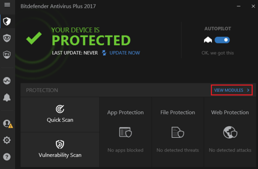 BitDefender View Modules tab