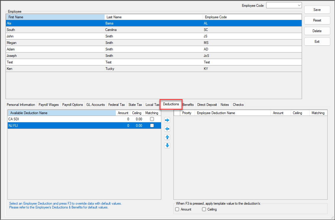 Employee Setup deductions tab