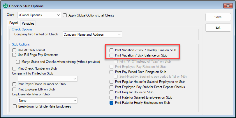 Print vacation options on check stub