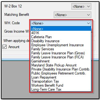 Withholding Codes options