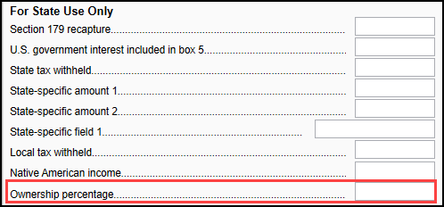 Image of "ownership percentage" field on screen K1P > 12-20 tab