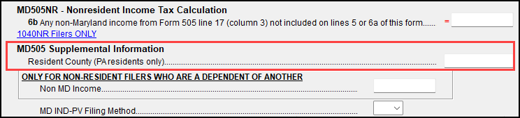 Image of "MD505 Supplemental Information" section on MD screen 2 Image of "MD505 Supplemental Information" section on MD screen 2