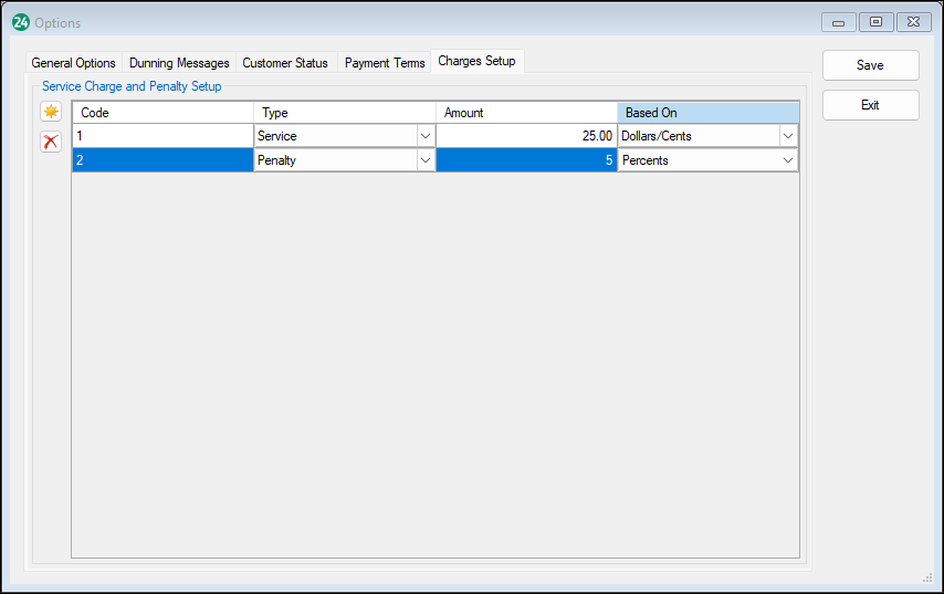 Charge Setup screen Charge Setup screen