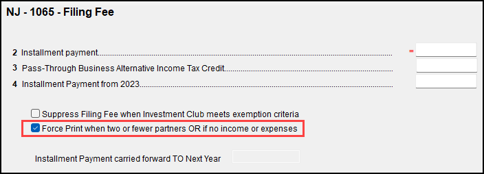 Image of "Force print when two or fewer partners..." check box on NJ screen FF