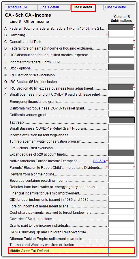 Image of "Middle class tax refund" field on screen CA > Line 8 detail