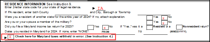 MD taxes withheld in error check box on MD Form 505 Image of MD taxes withheld in error check box on MD Form 505