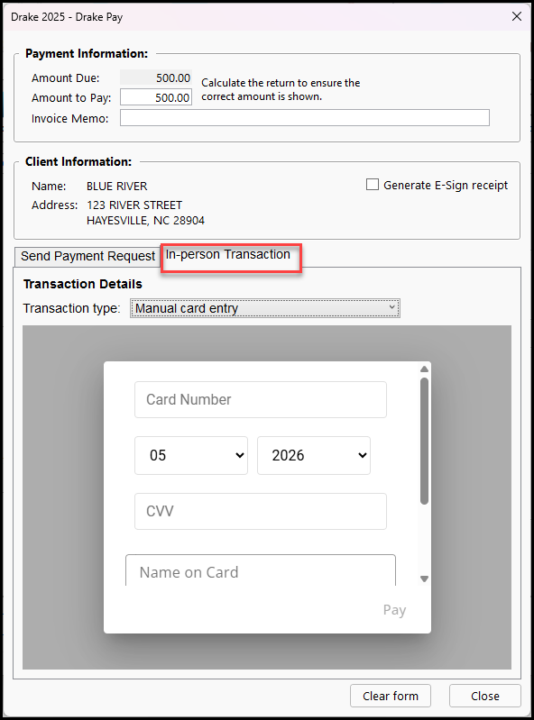 Performing a manual, in-person transaction via Drake Pay