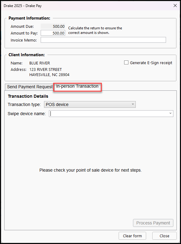 Completing a Drake Pay transaction using a POS device