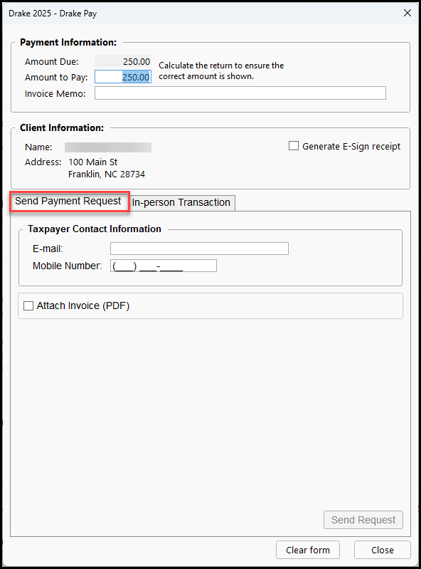 The Send Payment Request tab of the Drake Pay window