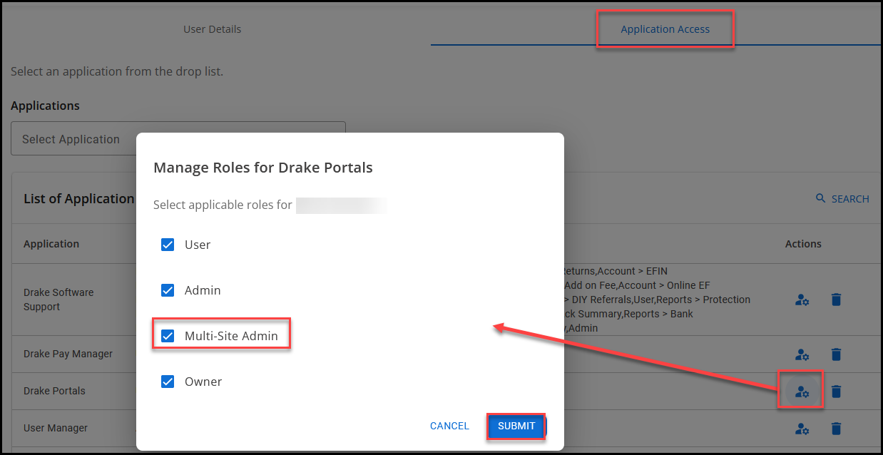 Manage application access for Drake Portals. 