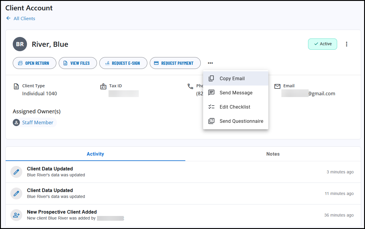 Client summary page showing additional options
