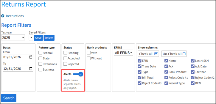 Alerts in the Returns Report