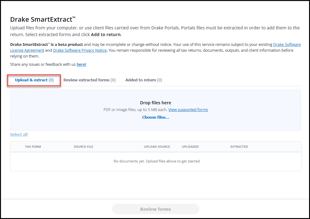 Upload & Extract tab