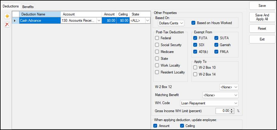 Deductions tab under Benefits and Deductions