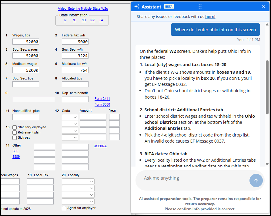 Assistant open beside W2 screen