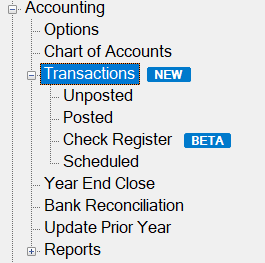 Check Register node with BETA label on the Transactions tree