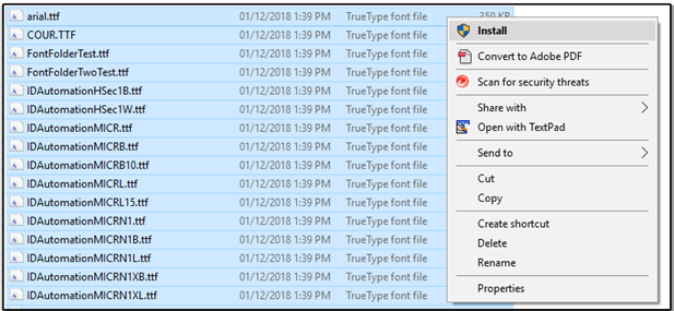 Installing MICR font screen